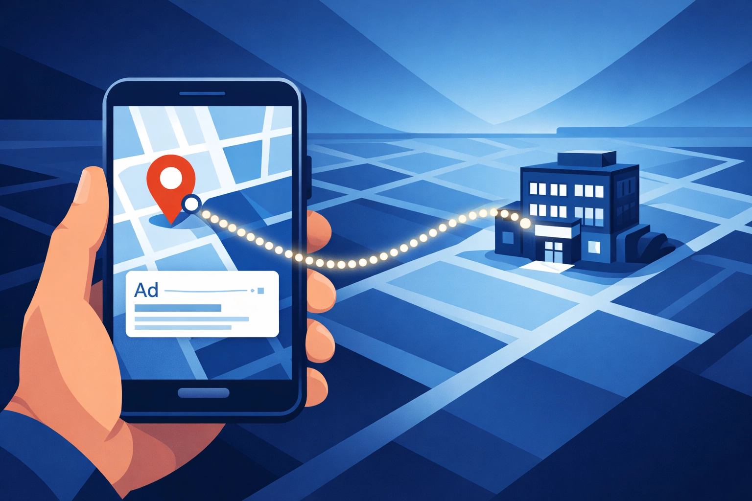 Smartphone displaying direct navigation route to a business using location extensions.