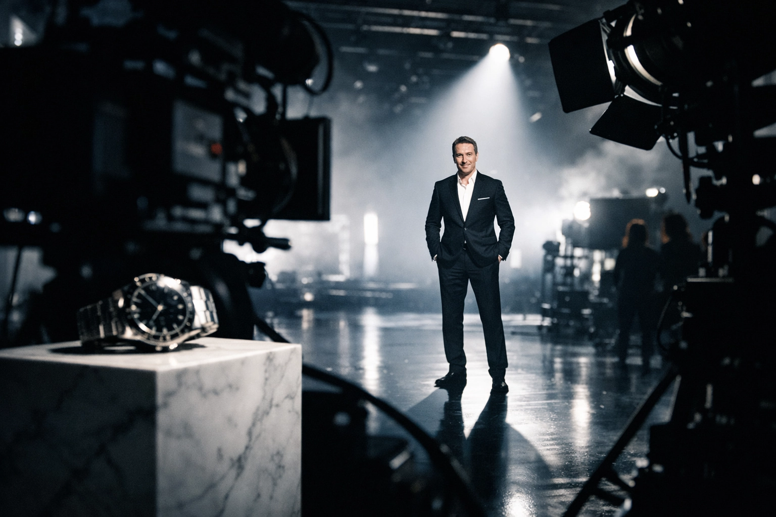 Celebrity actor on a high-budget commercial set overshadowing a product, showing a Super Bowl advertising mistake.