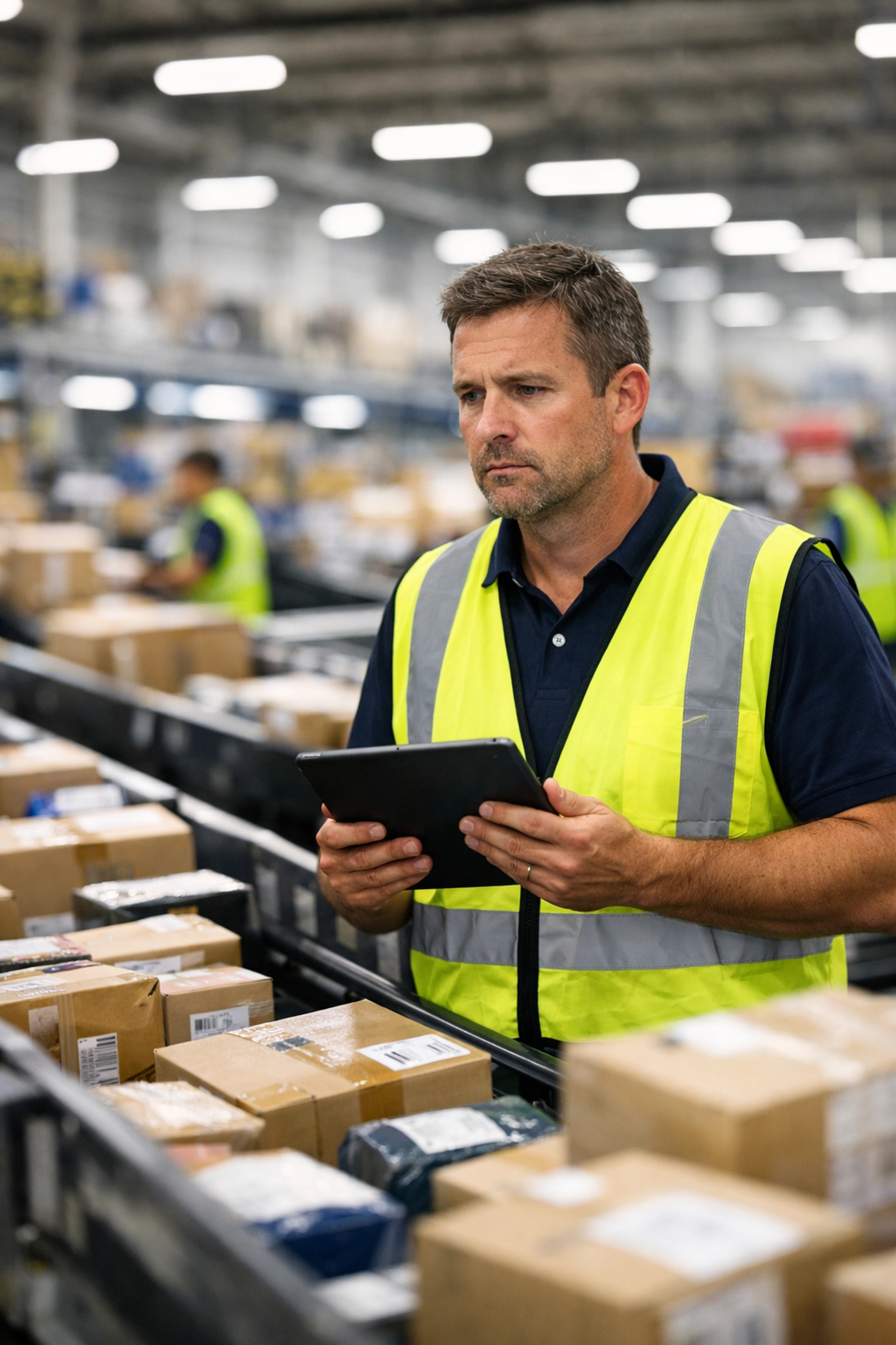 Warehouse manager using a tablet to oversee complex logistics and inventory fulfillment.