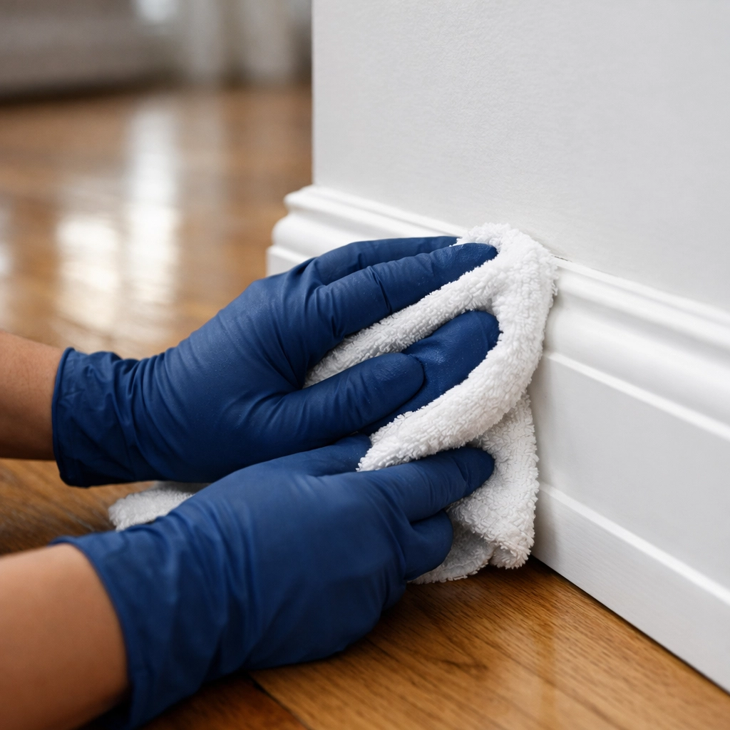 Professional cleaner wiping white baseboards during a Boston apartment move-out cleaning service.