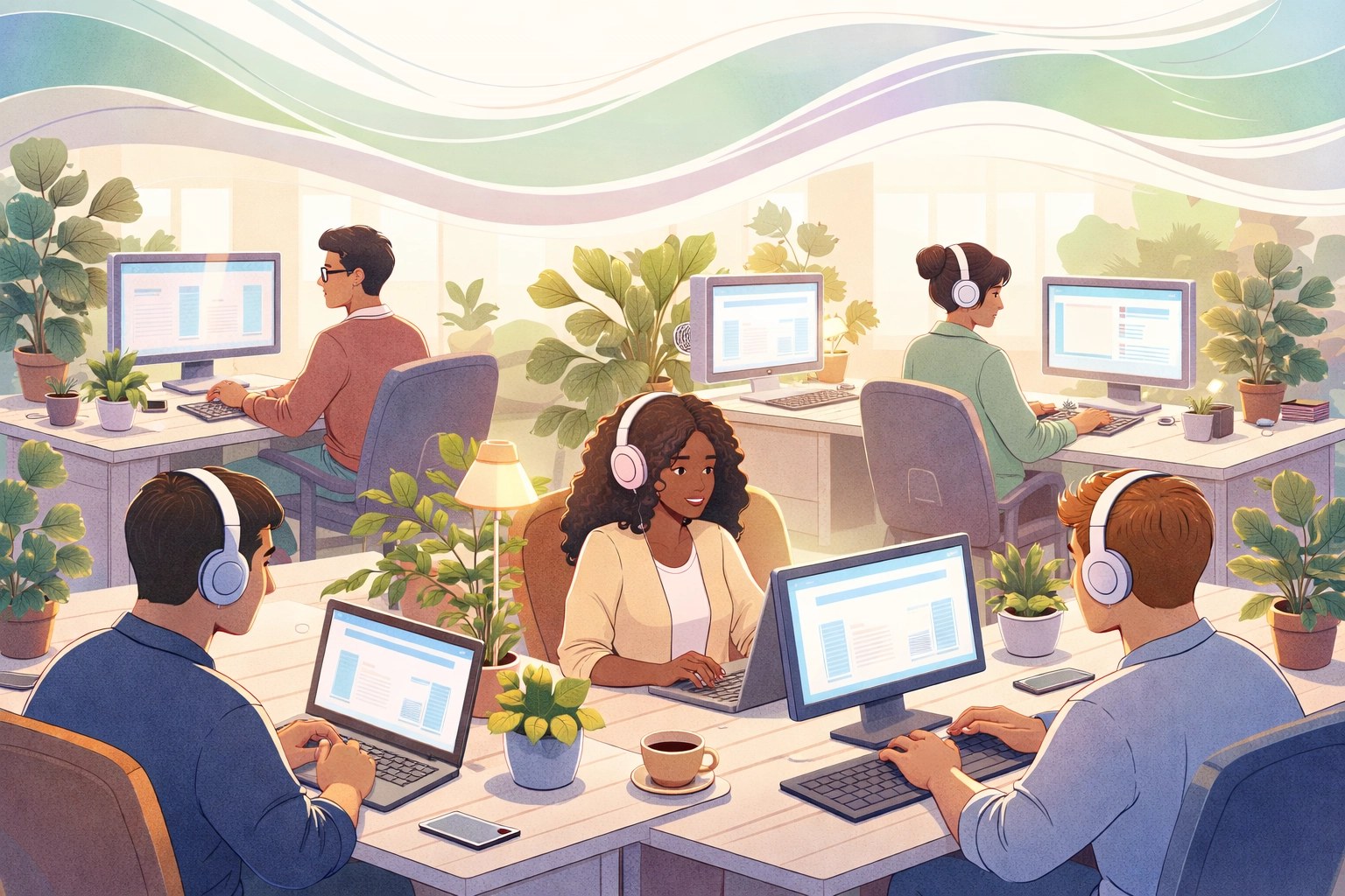 Diverse employees in a calm, inclusive workspace with sensory-friendly technology and soothing design