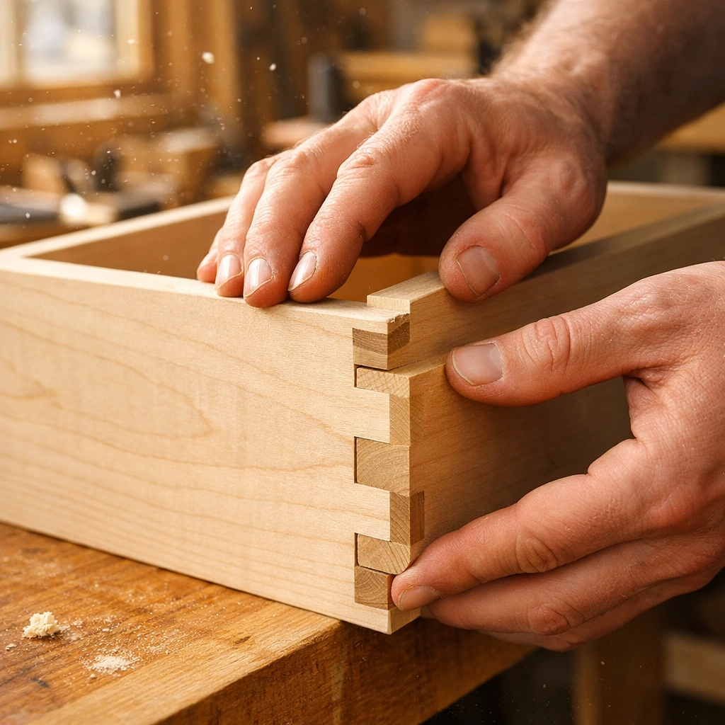 Local Minnesota cabinet maker crafting a custom dovetail drawer joint in a woodworking workshop.