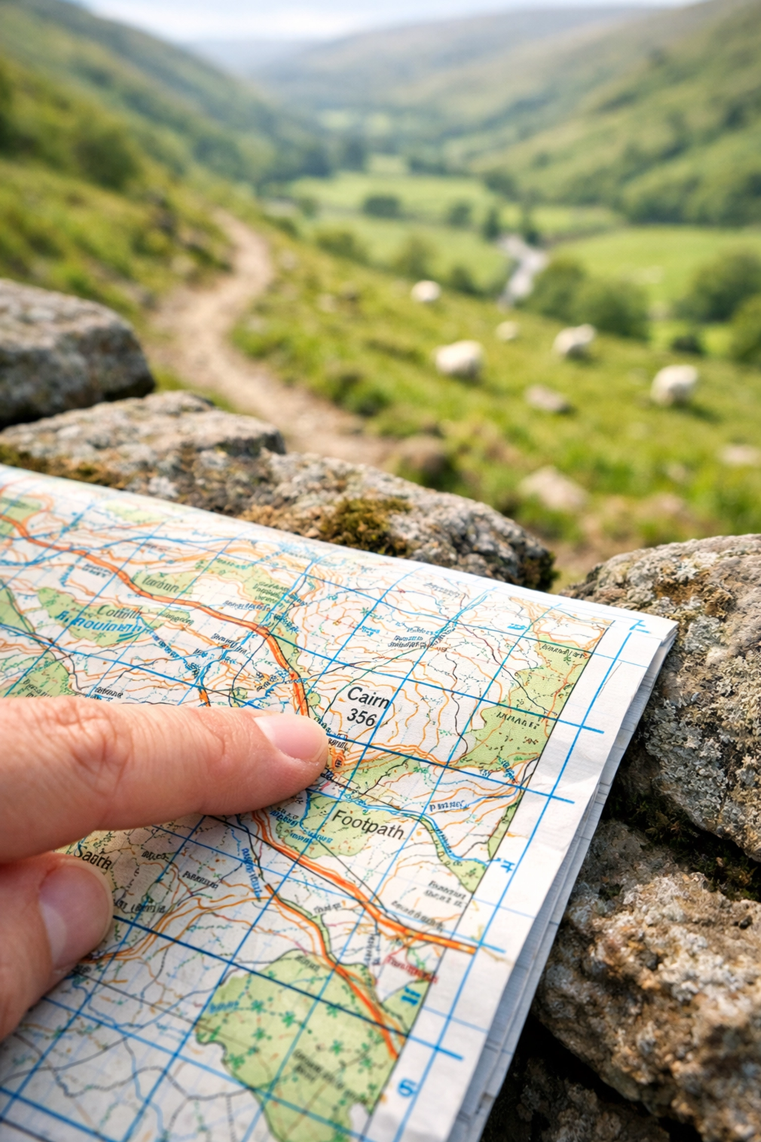 Close-up of a hiker identifying a grid reference on a topographic map while on a UK hiking trail.