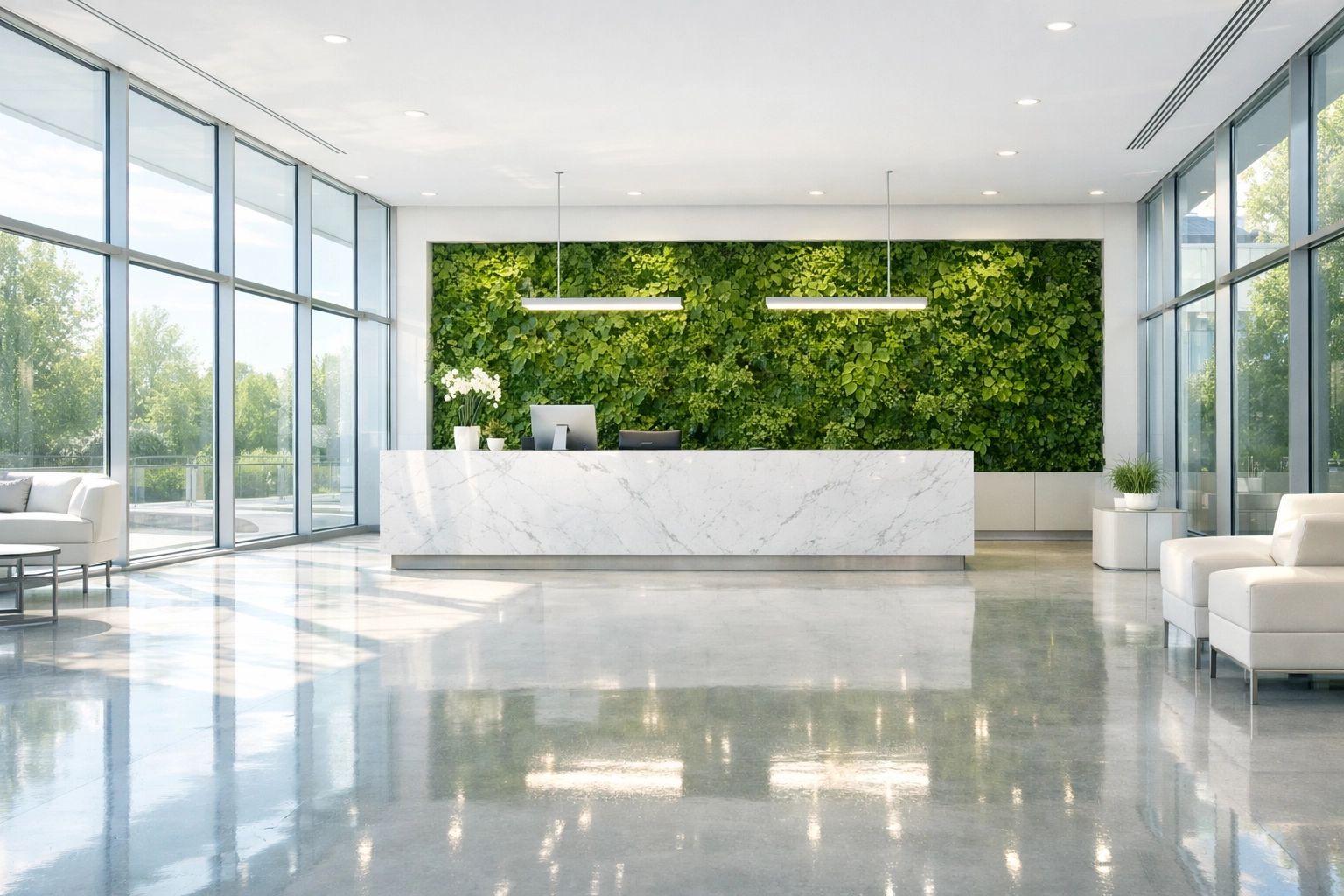 Pristine sun-drenched modern office lobby in Concord MA cleaned with eco-friendly commercial products.