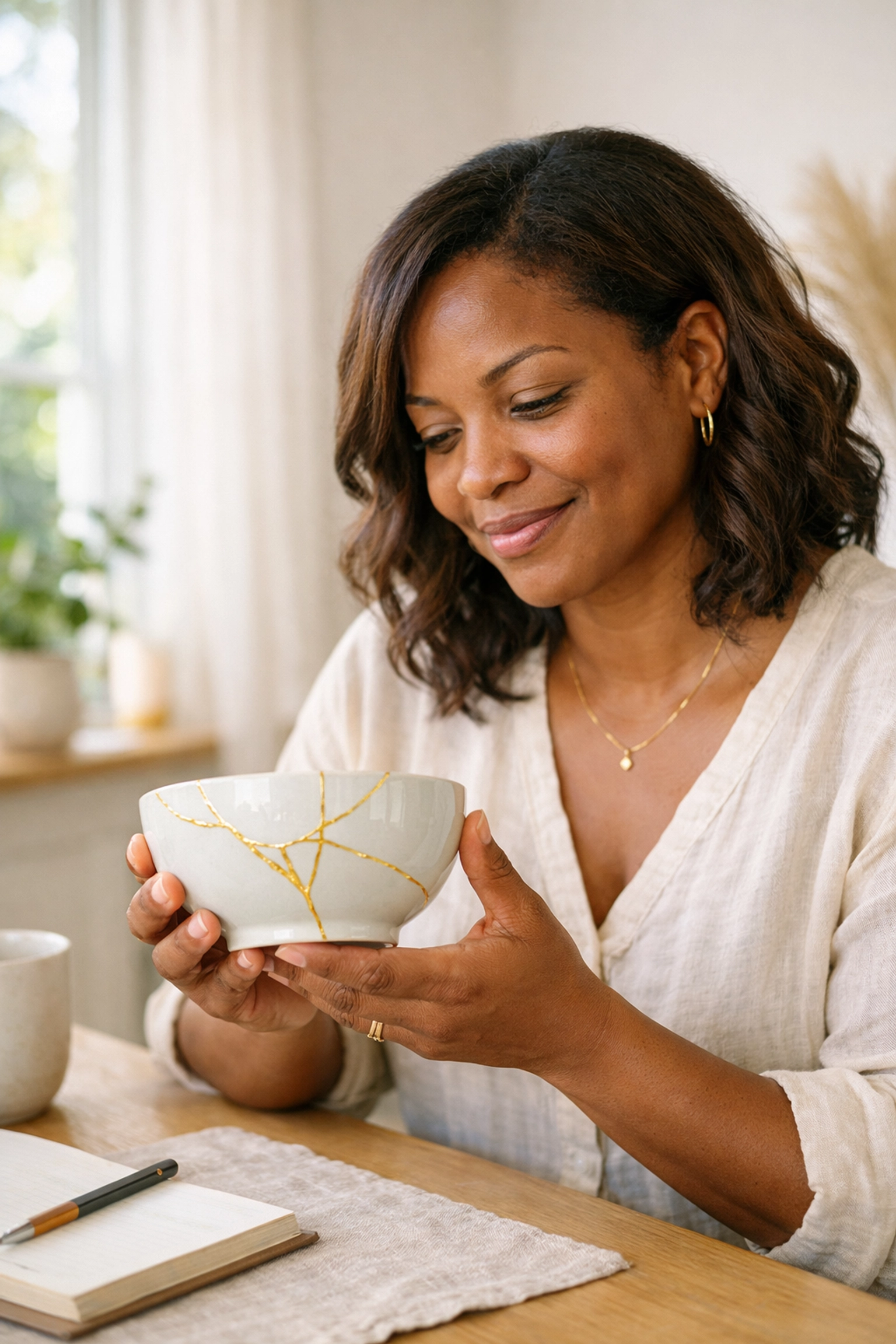 A woman holding a kintsugi ceramic bowl representing resilience and her healing journey.