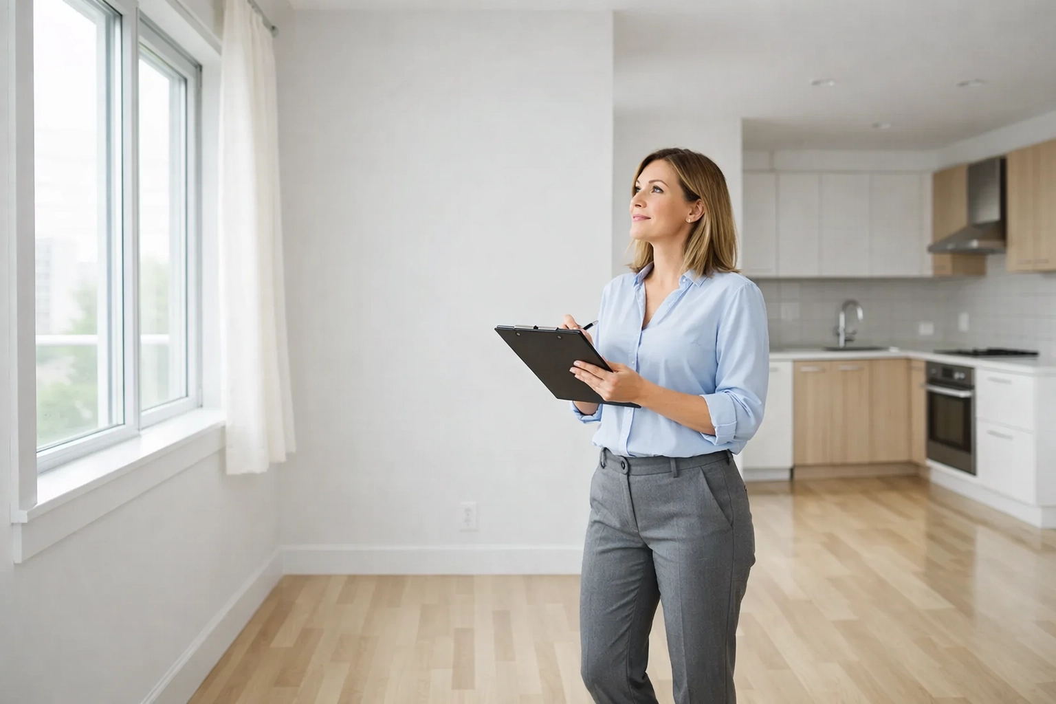 Property manager inspecting cleaned apartment unit with tablet checklist
