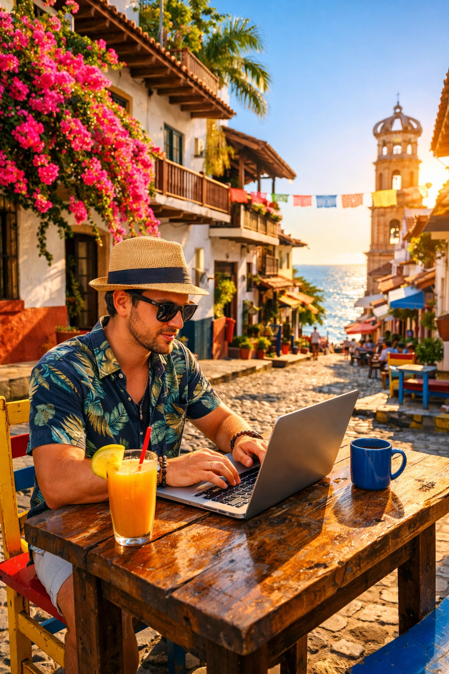 Digital nomad working at a colorful outdoor café in Old Town Puerto Vallarta's Zona Romántica.