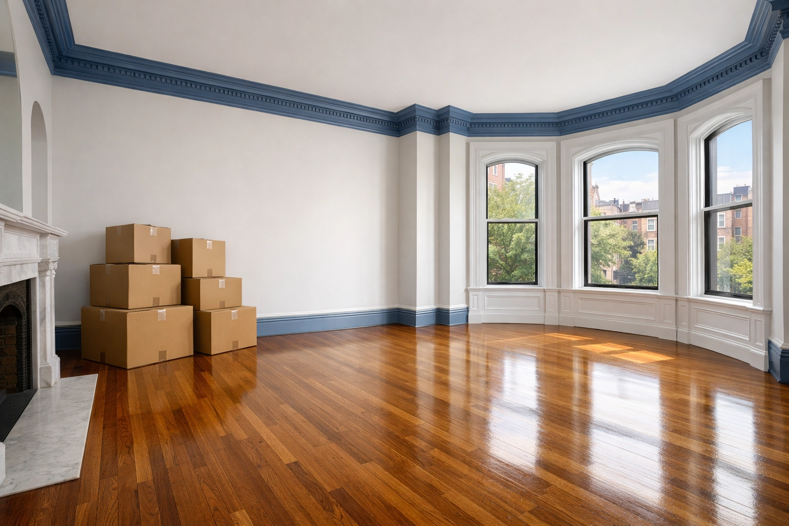 Clean Boston apartment move-out cleaning results in a brownstone living room with polished hardwood floors.