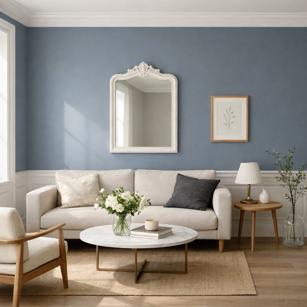 Beautifully painted Cheltenham living room featuring period features and grey-blue walls