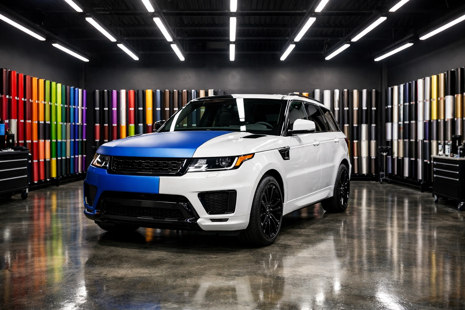 A professional car wrap studio showing a luxury SUV undergoing a vinyl transformation with colorful film rolls.