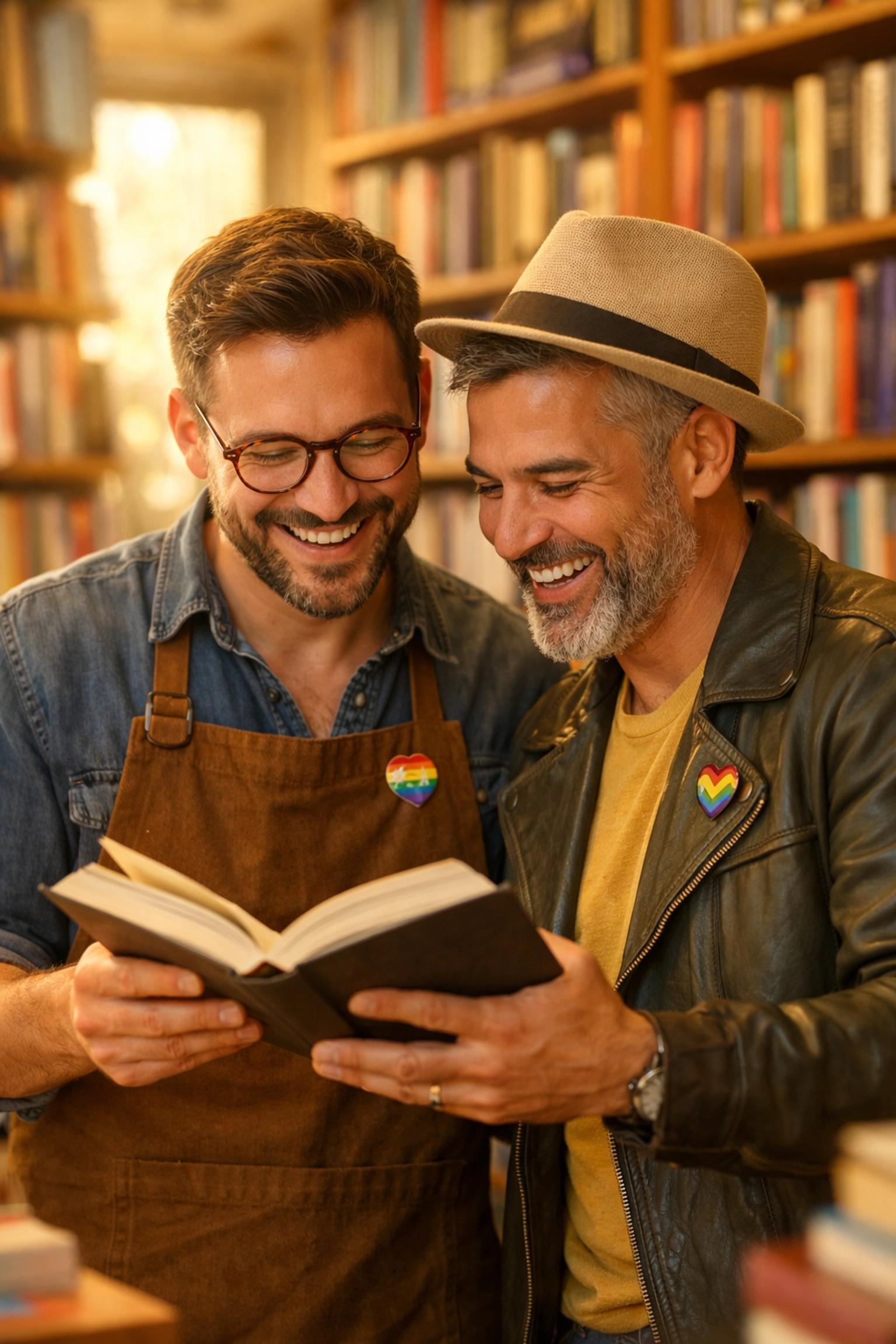 Two gay men sharing a book in a sun-drenched LGBTQ+ bookstore, showing community connection.