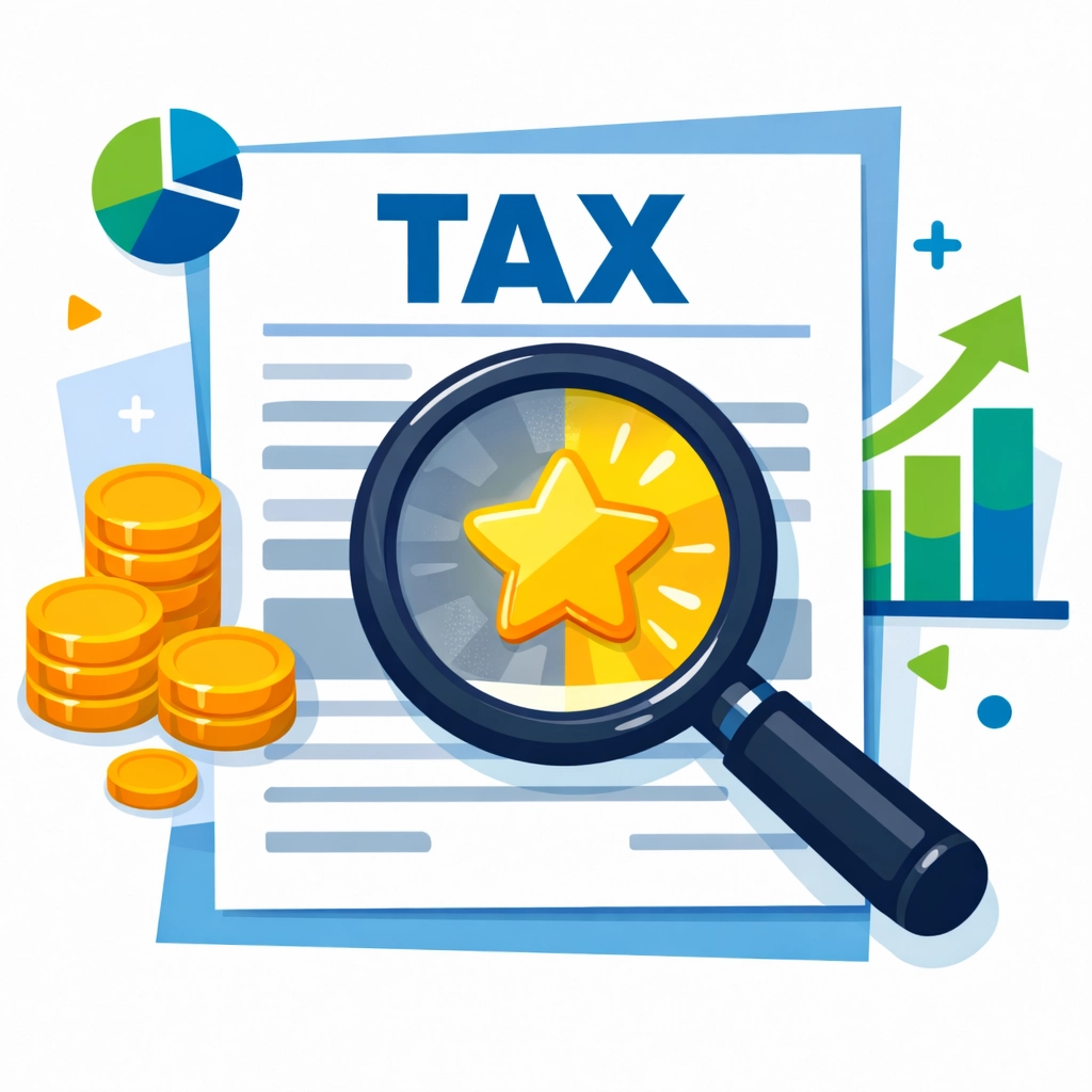 Magnifying glass revealing a tax credit on a form to help maximize your federal tax refund amount.