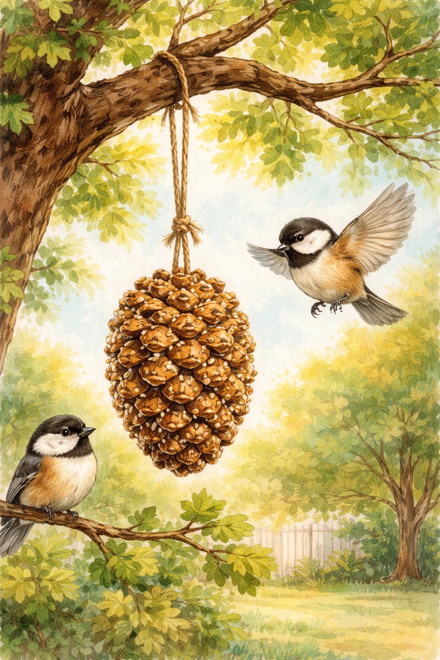 Finished pinecone bird feeder hanging on a tree branch with chickadees in a sunny backyard