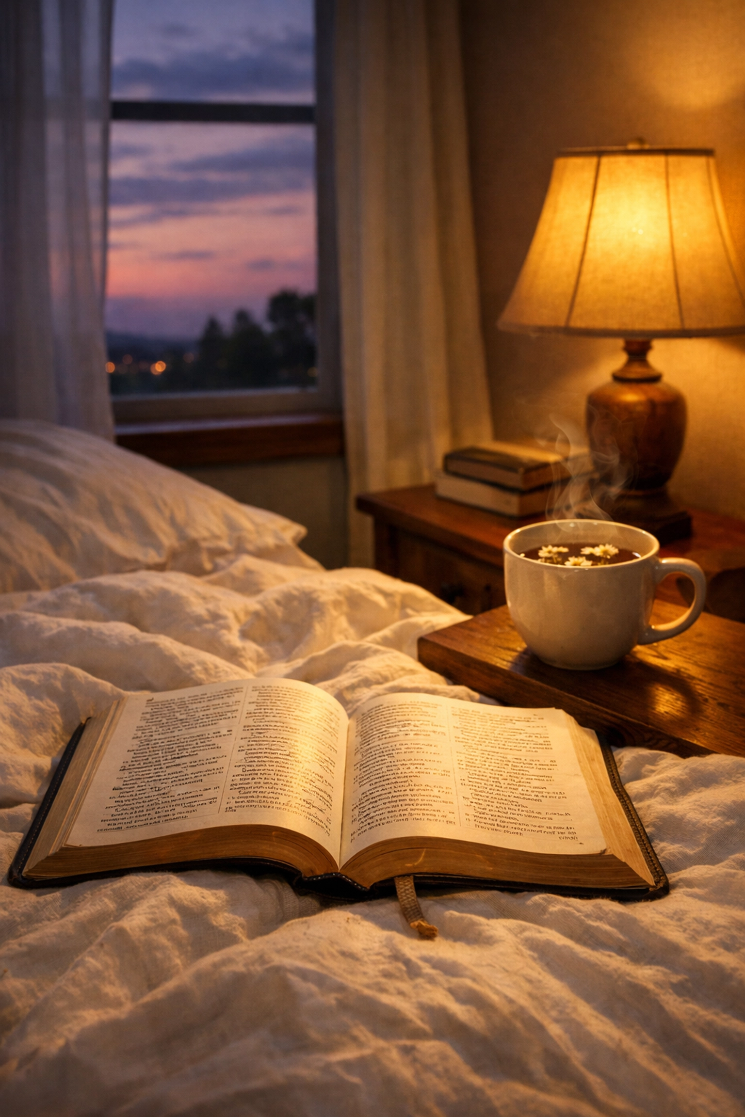 Open Bible on bed with tea at twilight for peaceful evening prayer and Scripture meditation