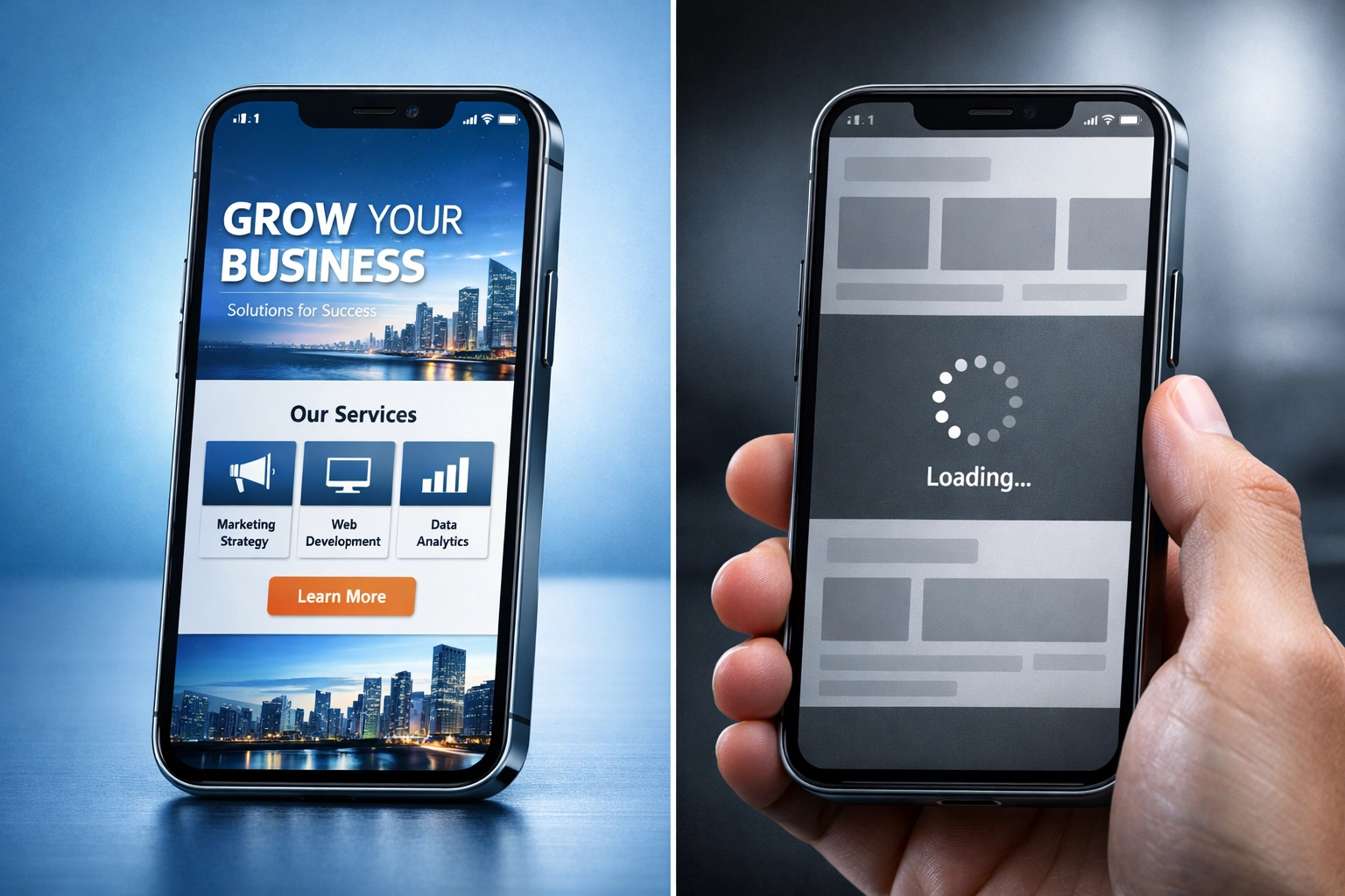 Comparison of fast loading website versus slow loading website on mobile device