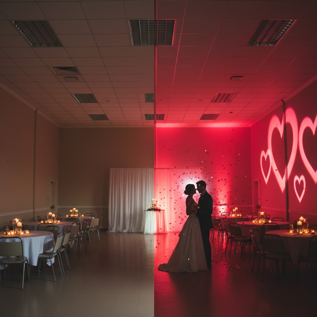 Bride and groom share a dance in a dimly lit reception hall. Red lighting and heart projections create a romantic atmosphere.