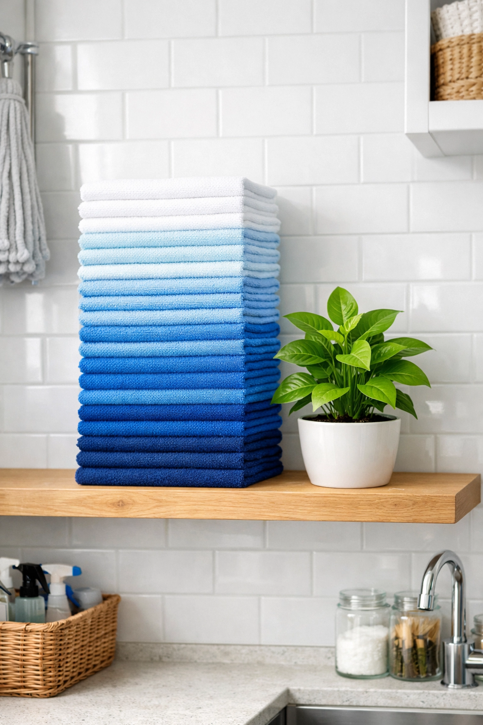Sustainable cleaning tools including reusable microfiber cloths and eco-conscious household supplies.