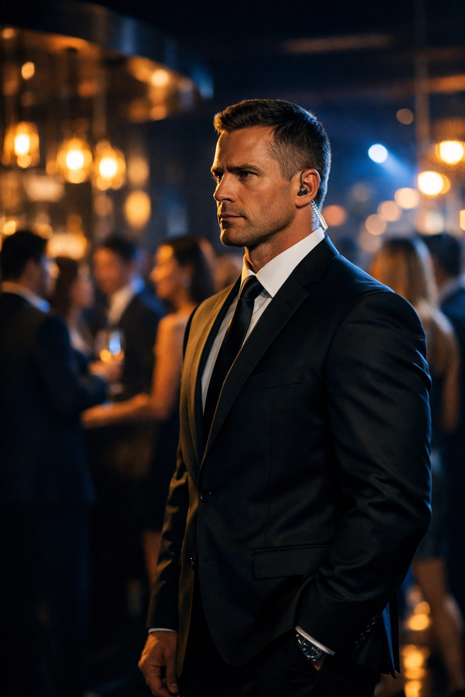 Discreet private security Medellin agent providing professional executive protection at a nightlife venue.