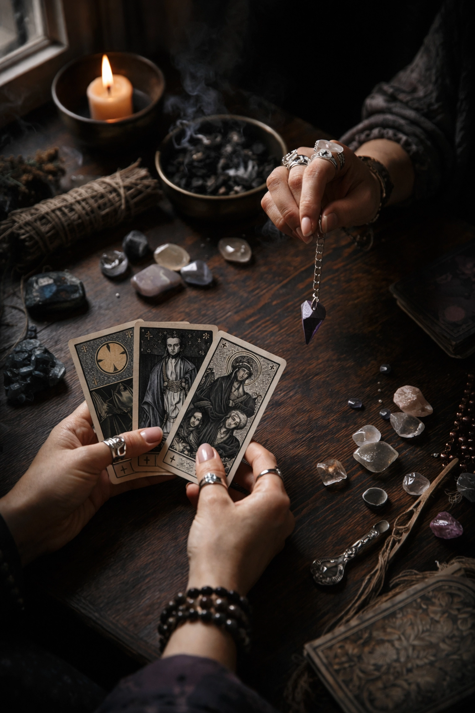 Hands holding tarot cards and crystals on a table, illustrating spiritual risk of New Age rituals and demonic objects