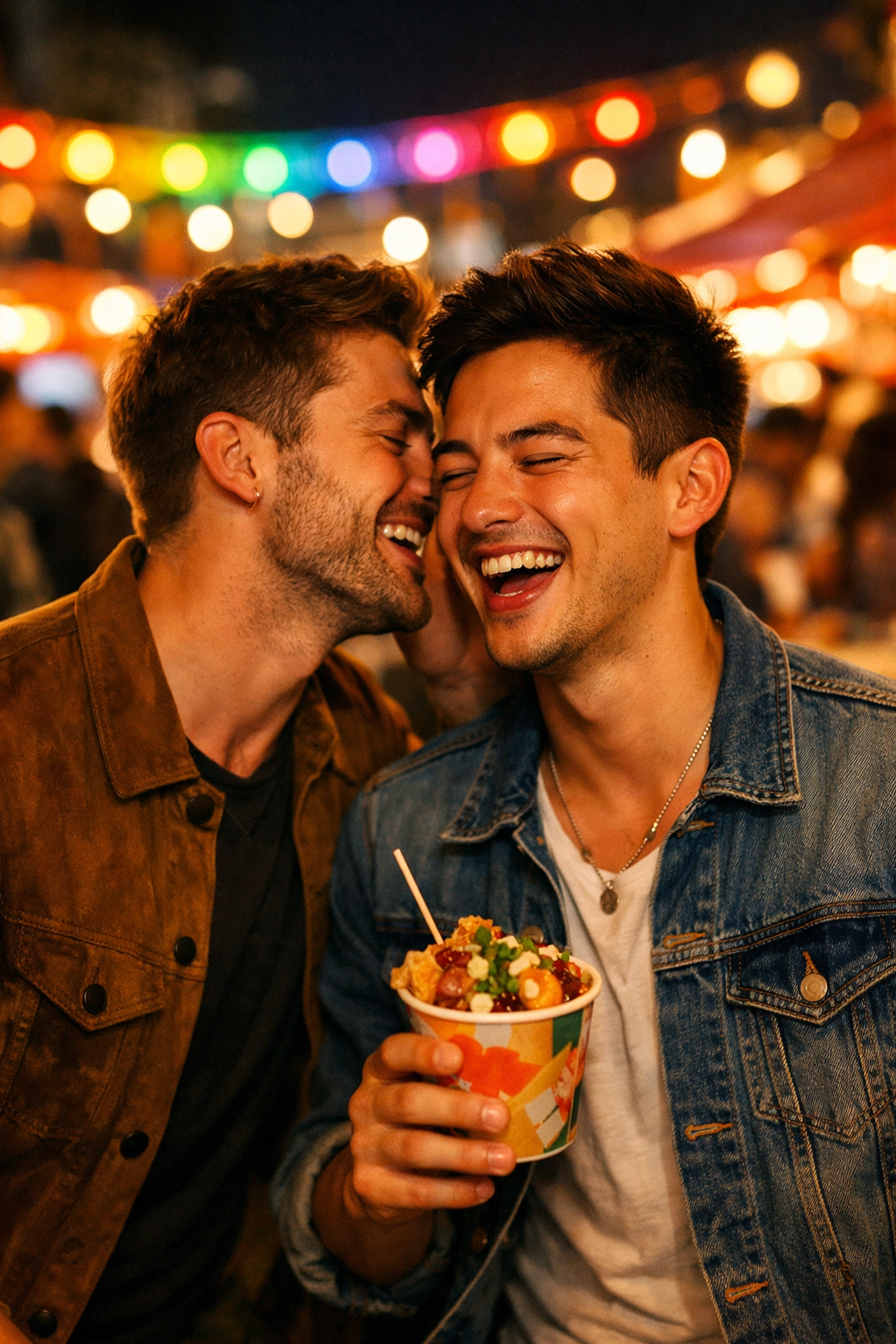 Two young gay men laughing on a first date at a night market, illustrating early queer relationship milestones.