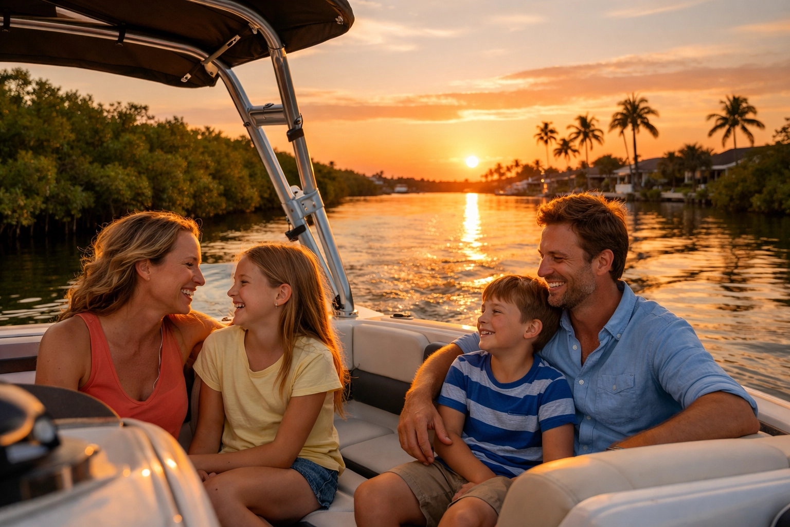 Family boating through scenic mangrove canals in Southwest Cape Coral at sunset.