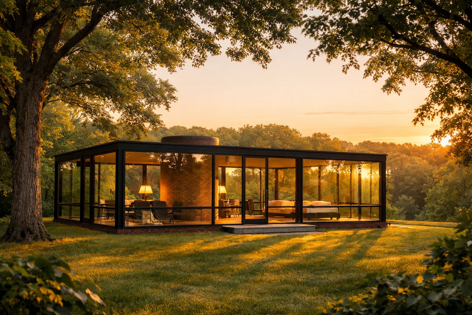 Philip Johnson's Glass House in Connecticut surrounded by trees with transparent modernist design
