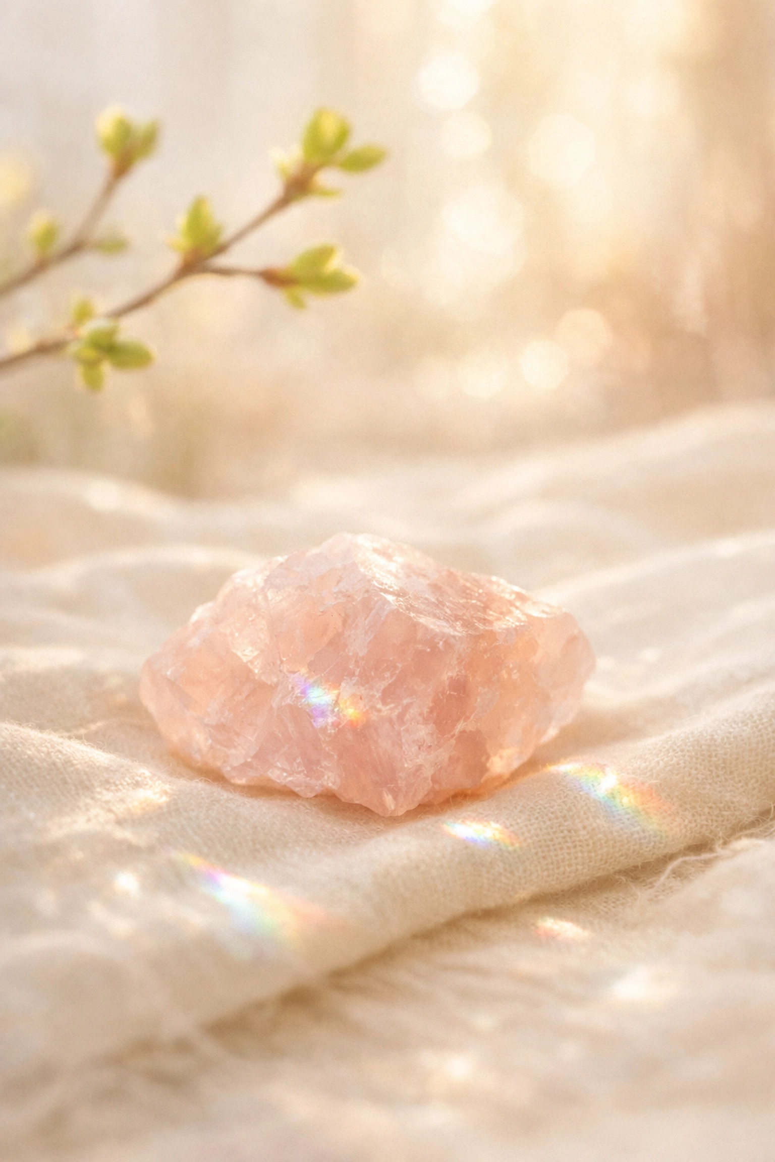 Rose quartz and new spring buds symbolizing somatic nervous system regulation and healing during perimenopause.