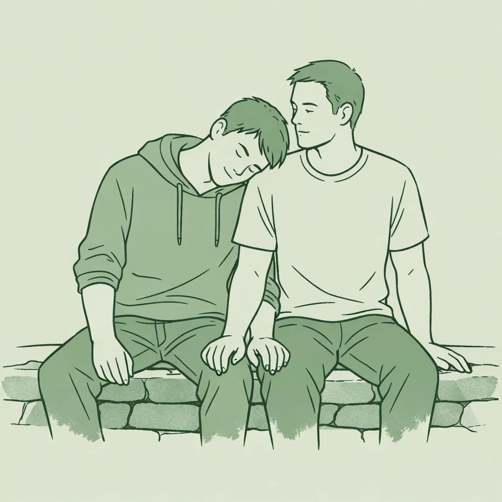 Minimalist illustration of two men sharing a quiet emotional connection in a contemporary MM romance setting.