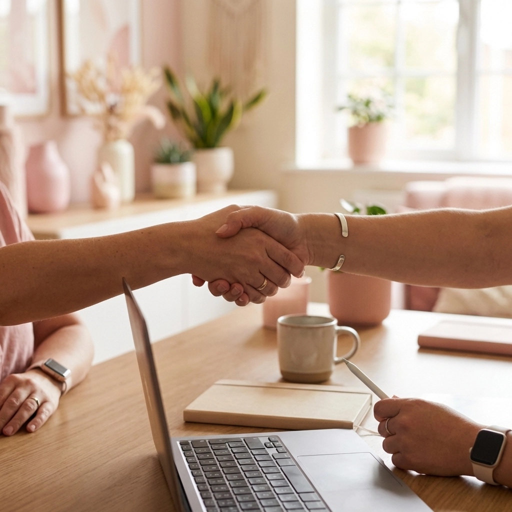 Business owner and virtual assistant shaking hands, highlighting partnership and trust in virtual business support.
