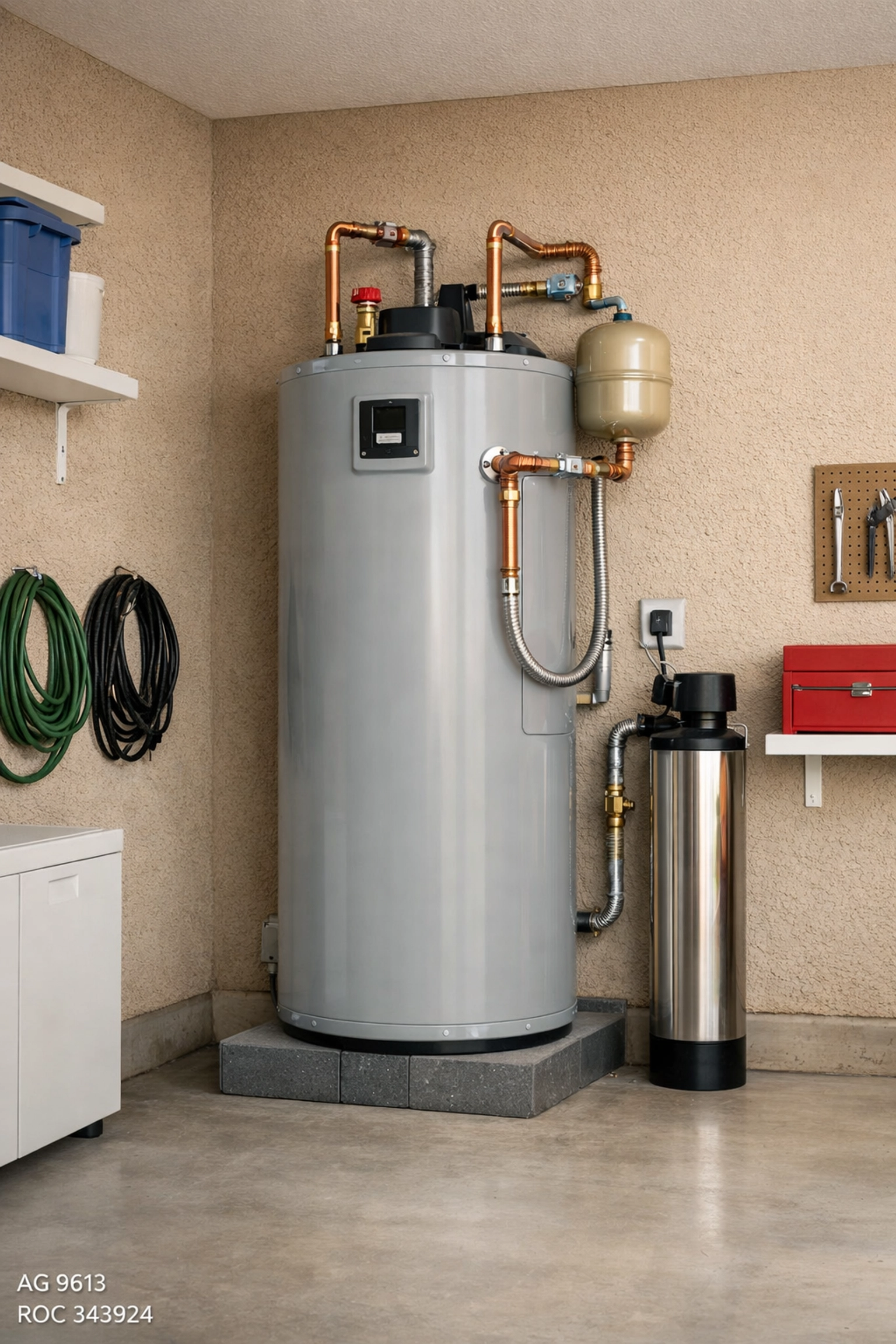Professional high-efficiency water heater installation in a Gilbert, AZ residential garage.