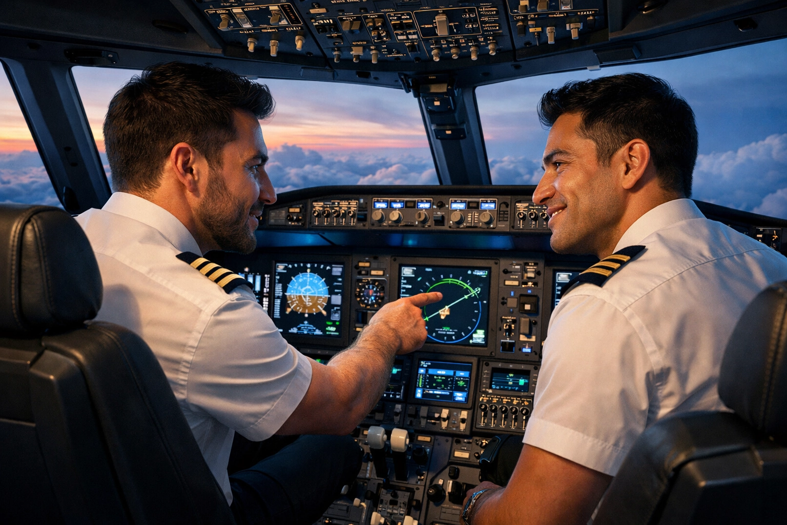 Male pilots working together in modern cockpit with navigation systems and flight instruments