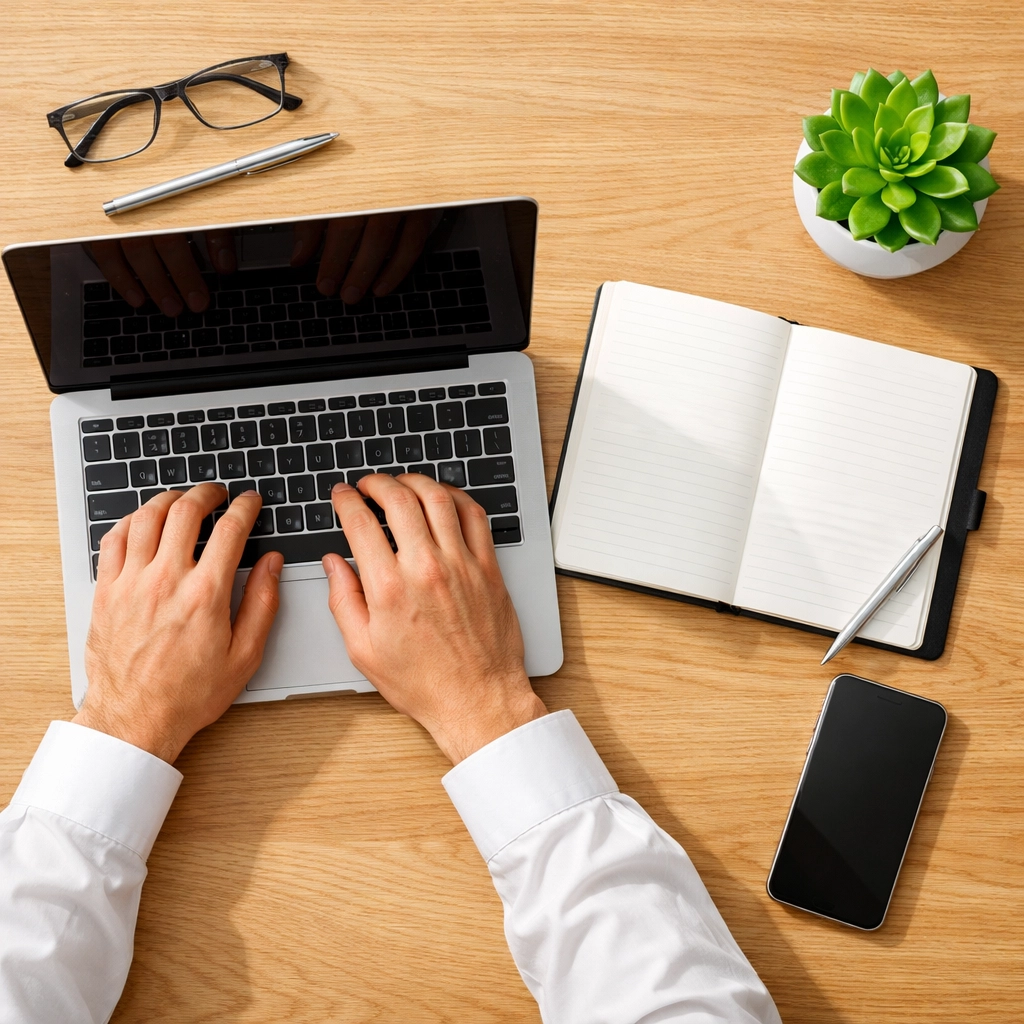 Organized desk with laptop and tools used for online bookkeeping services and financial integrations.