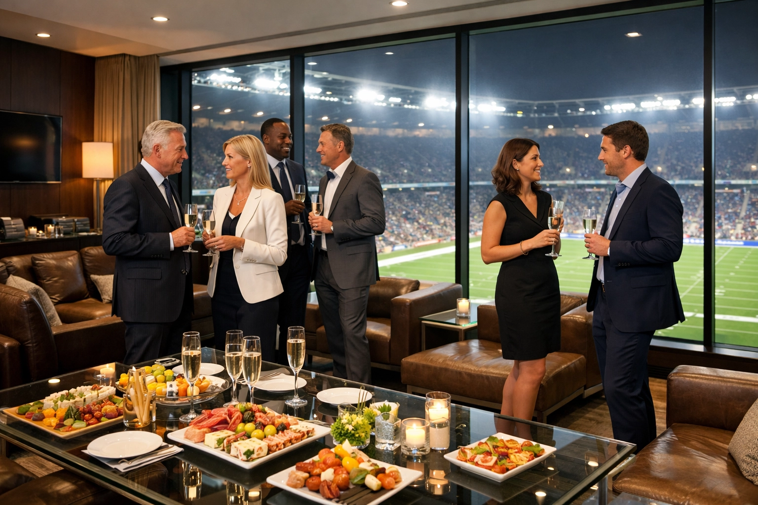 Luxury Super Bowl corporate hospitality suite with executives networking over premium catering
