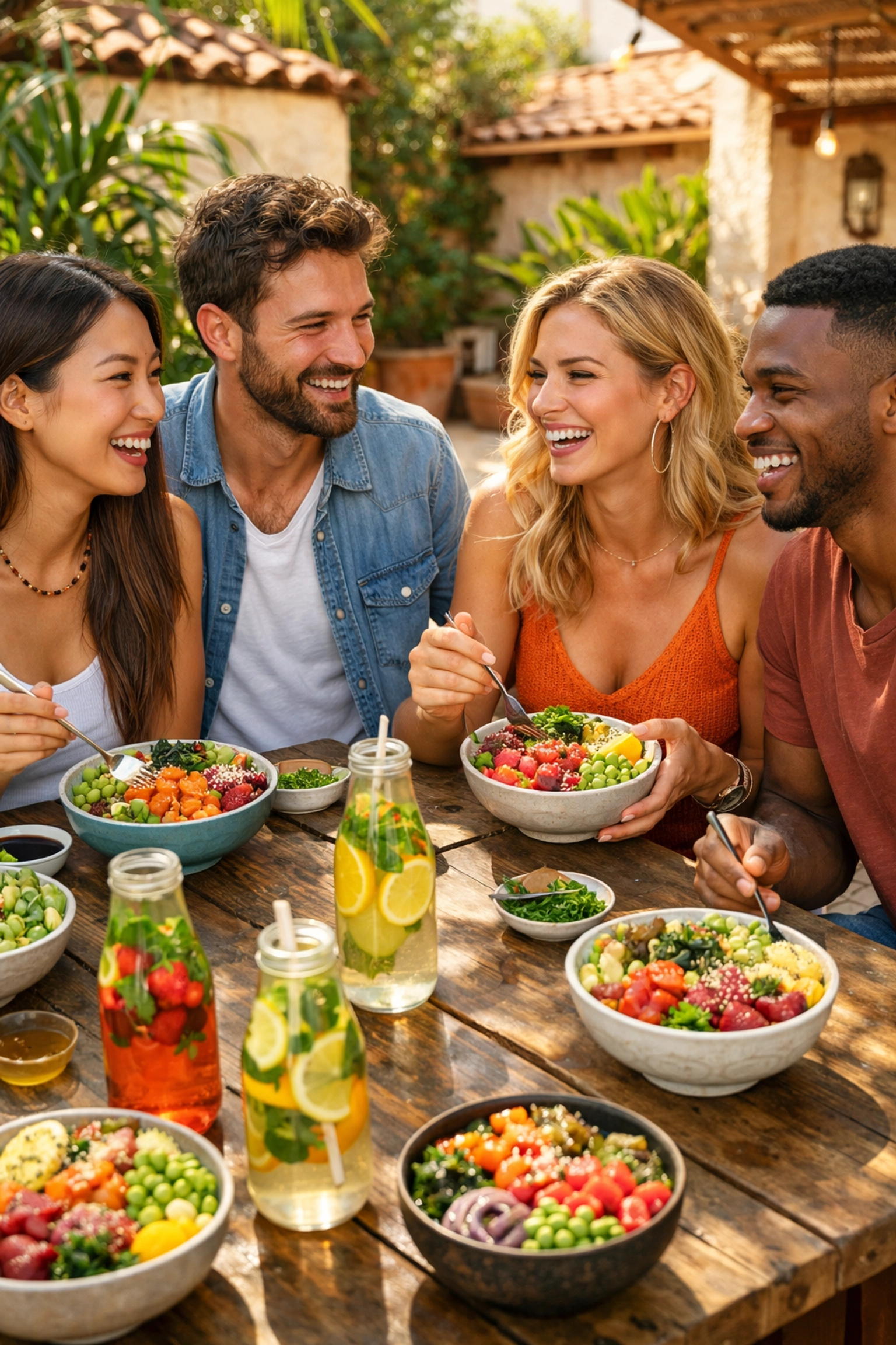 Groupe d'amis partageant des poke bowls healthy sur une terrasse ensoleillée à Montpellier.