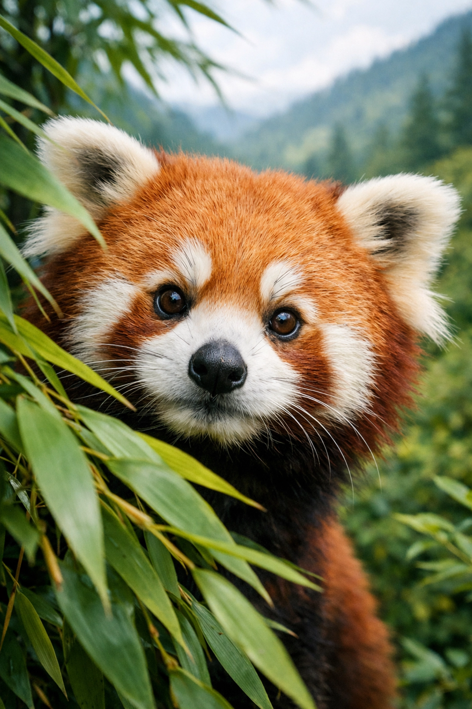 Curious red panda in bamboo leaves from the Zoo Imagery professional wildlife stock photography library.