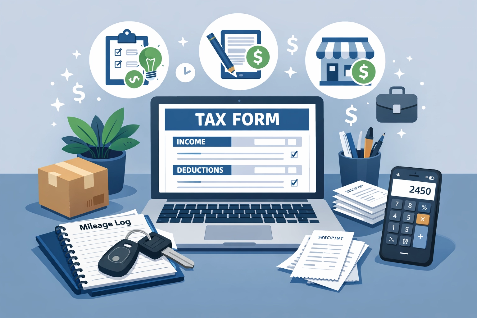 Home office setup with self-employment tax documents and business expense tracking