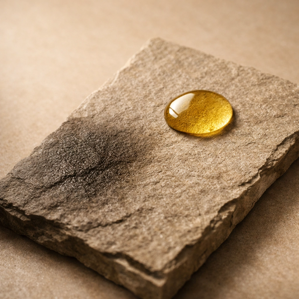 Visual representation of a non-greasy beard oil formula absorbing quickly into a porous surface.