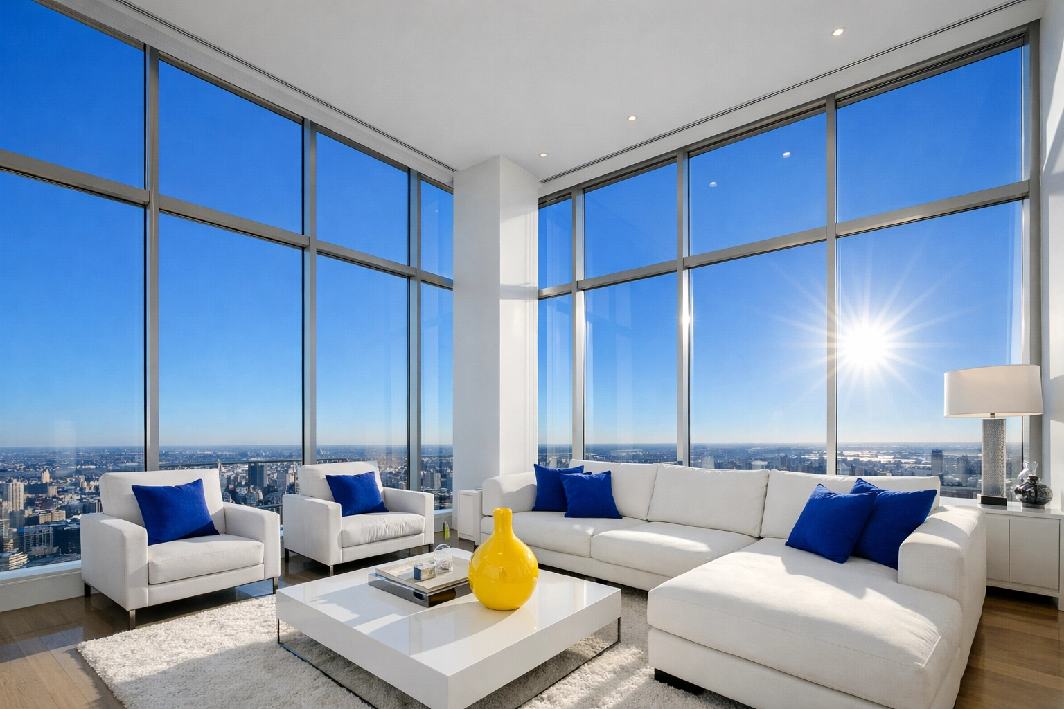 Streak-free floor-to-ceiling windows in a modern home after a professional post-renovation cleaning.
