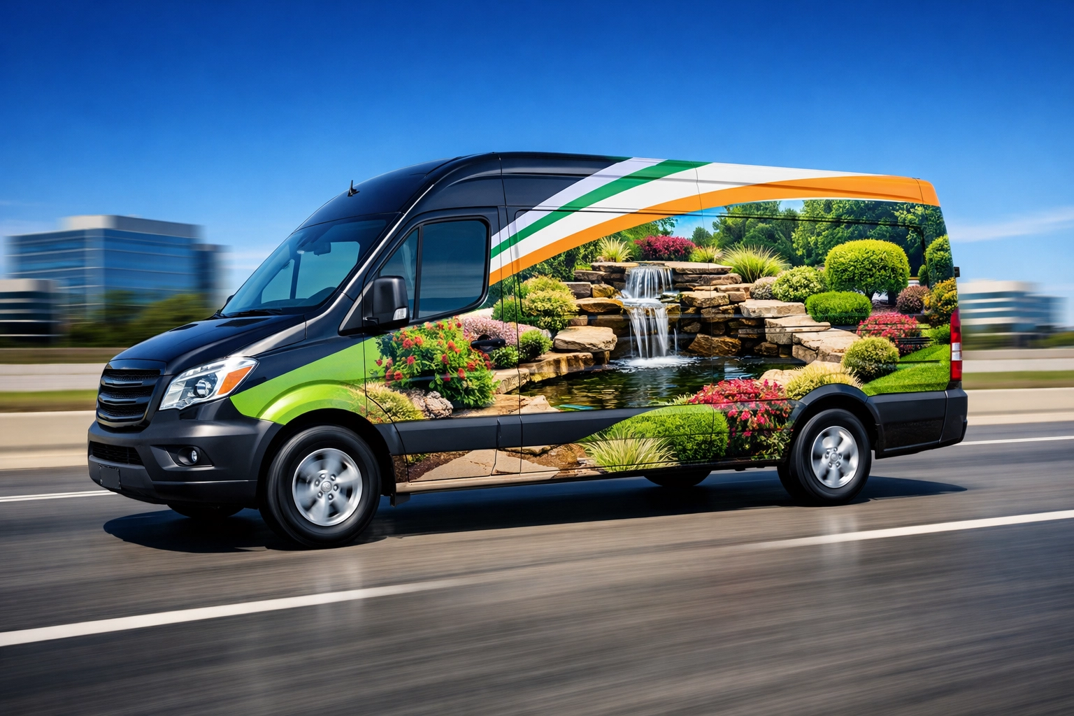 Professional car wrap on a commercial van driving in Dallas Fort Worth to increase local business reach.