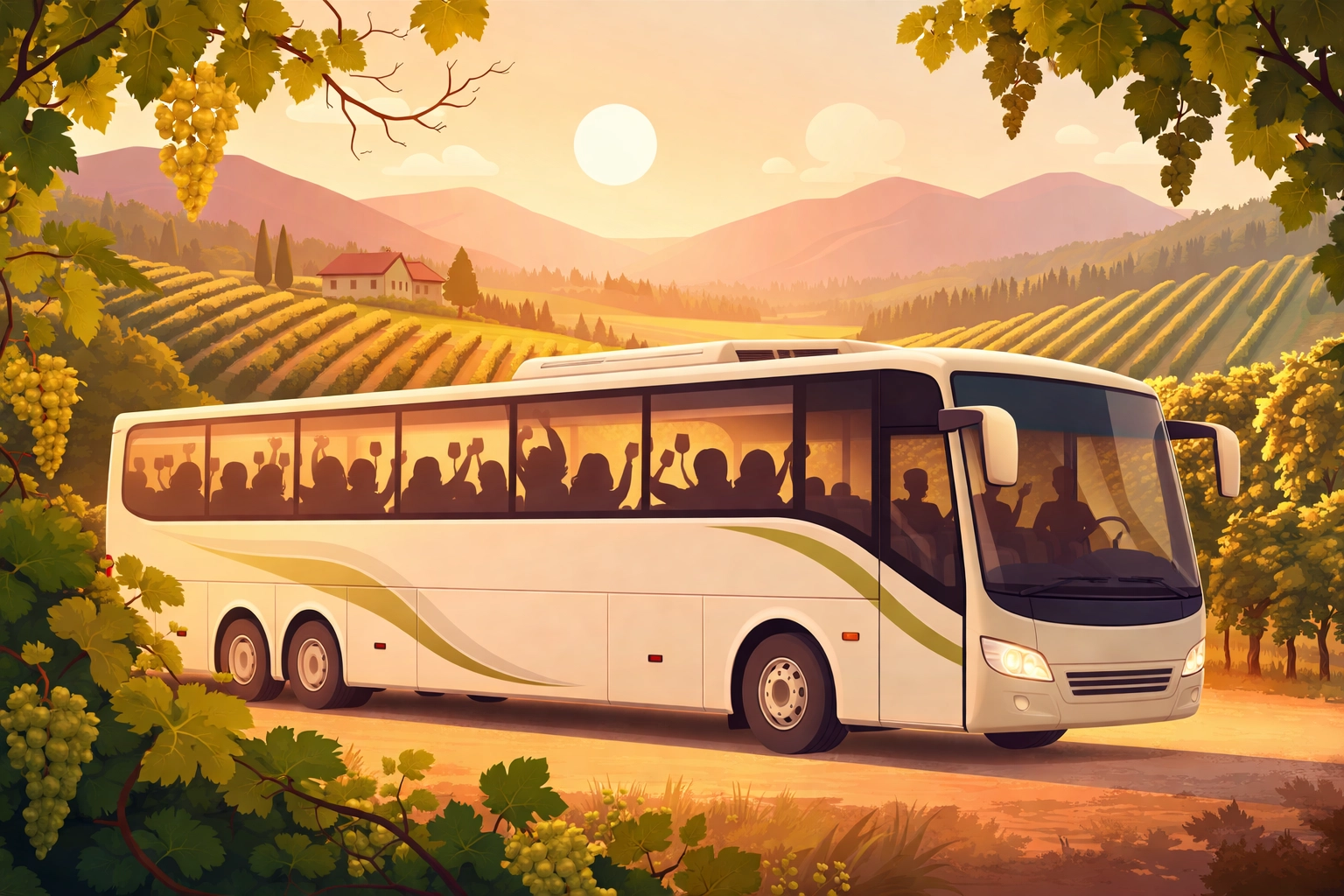 Luxury tour bus arriving at a Virginia vineyard with happy guests enjoying private winery tours