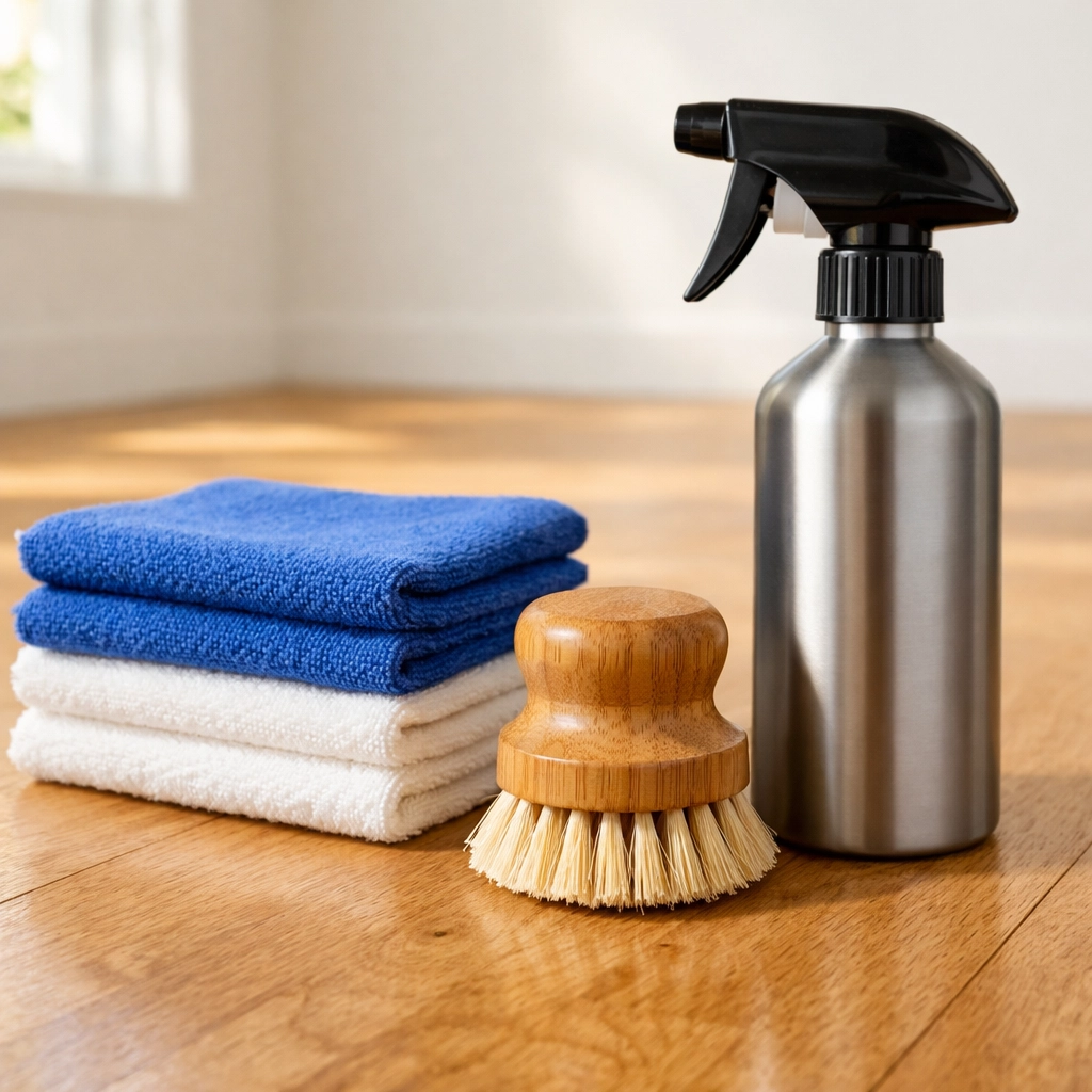 Sustainable cleaning supplies like microfiber cloths for eco-friendly house cleaning in Fitchburg.