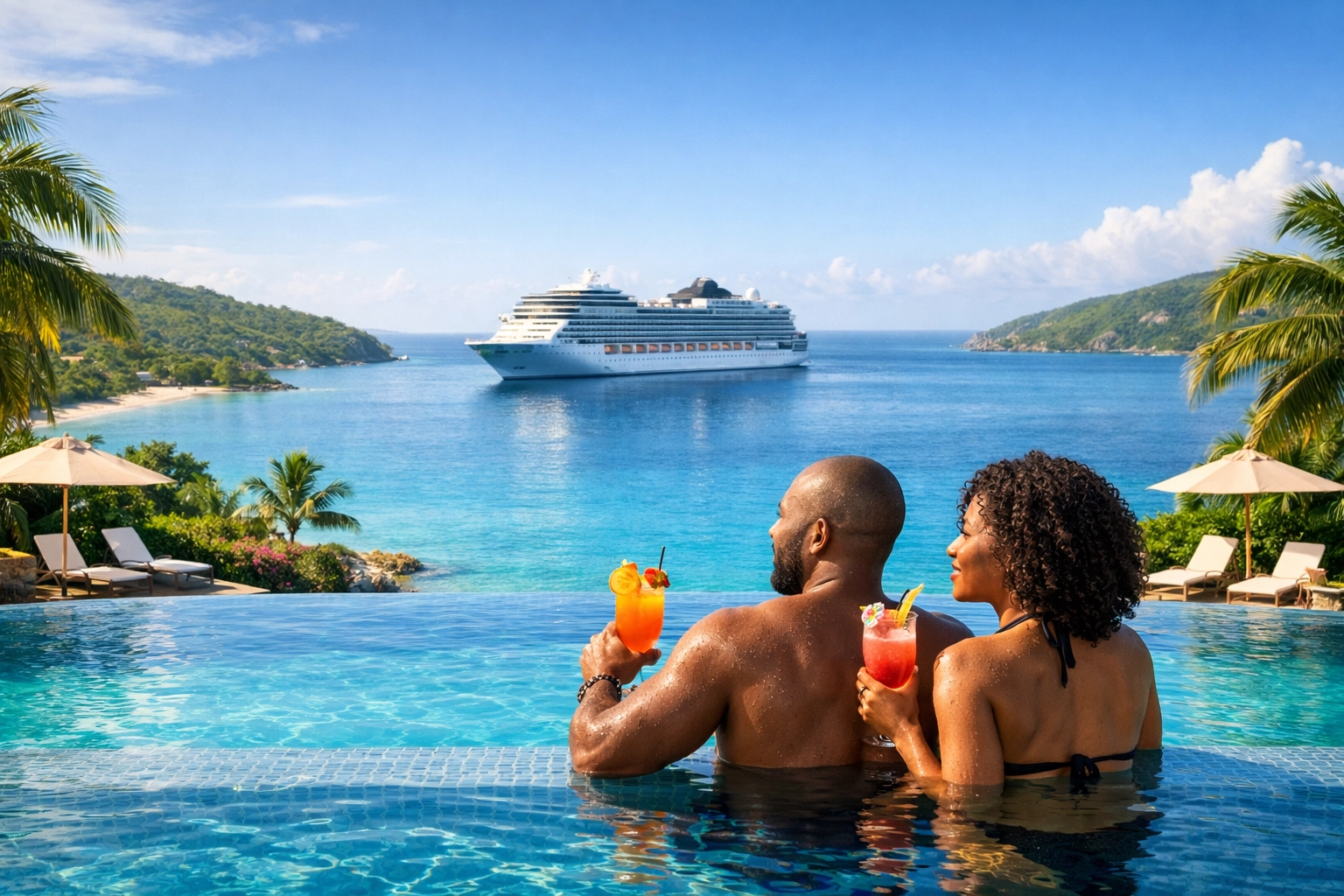 Couple at an infinity pool overlooking a cruise ship, assisted by an Adults Only travel agent.