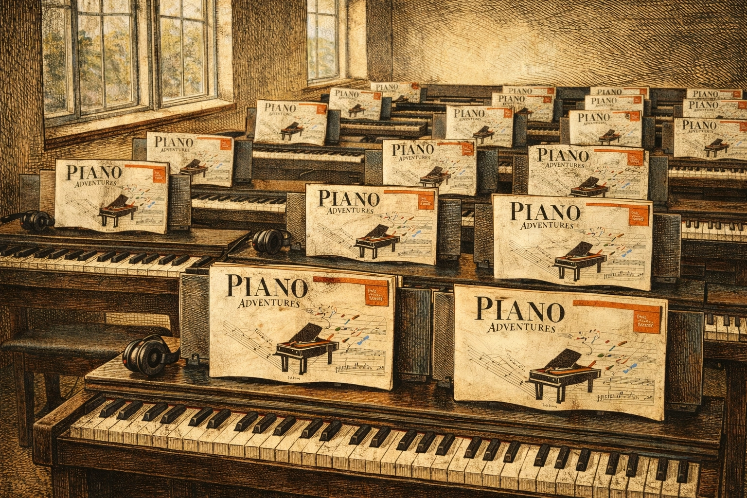 Traditional piano lessons classroom with rows of identical workstations and method books