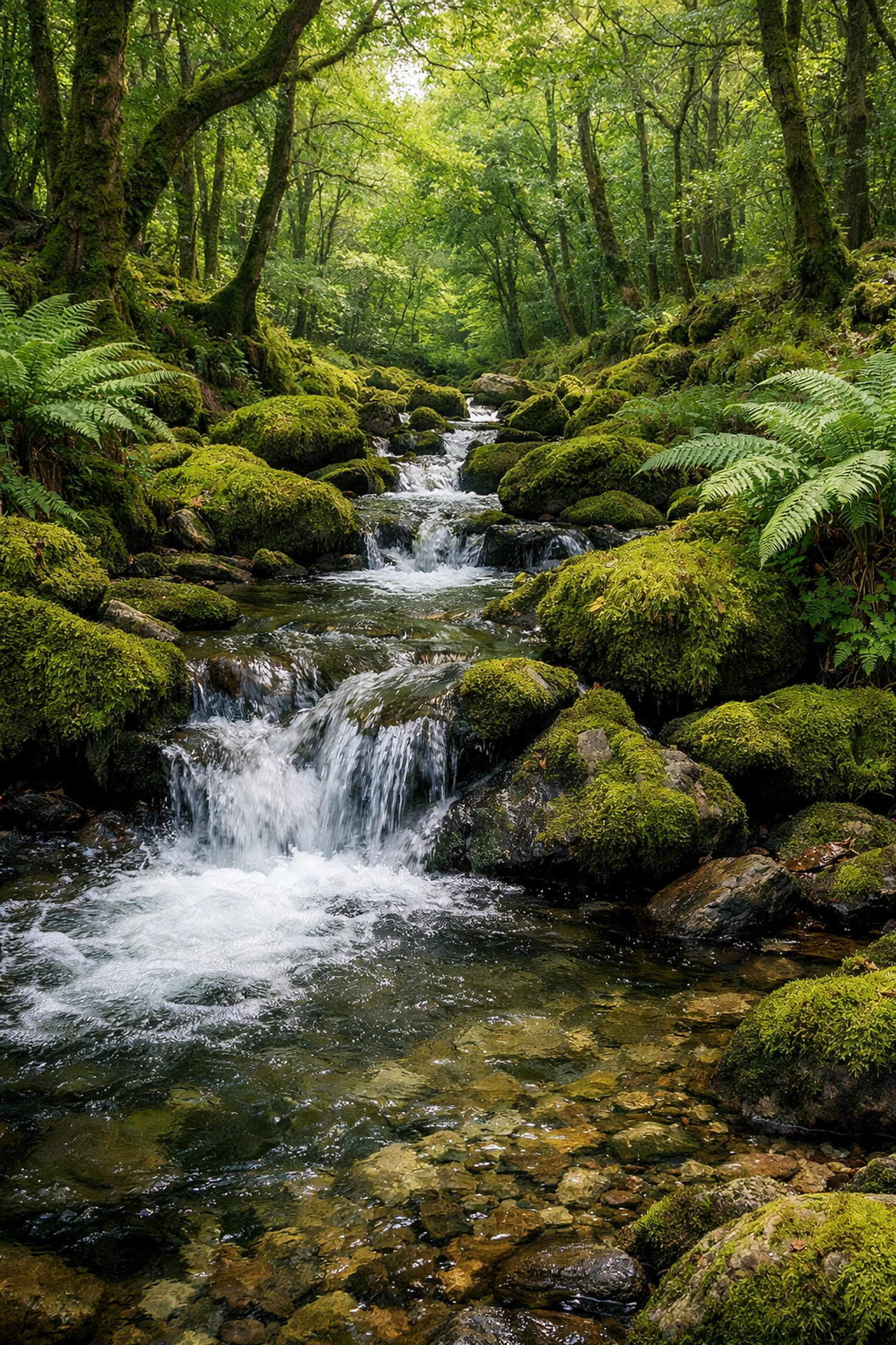 A clean stream in a British woodland, ideal for safe foraging on a wild camping guided UK trip.