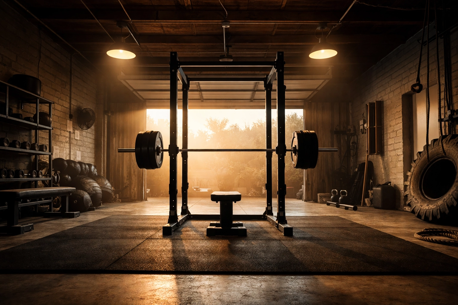 Spacious garage CrossFit home gym with a power rack, barbell, and rubber flooring for versatile workouts