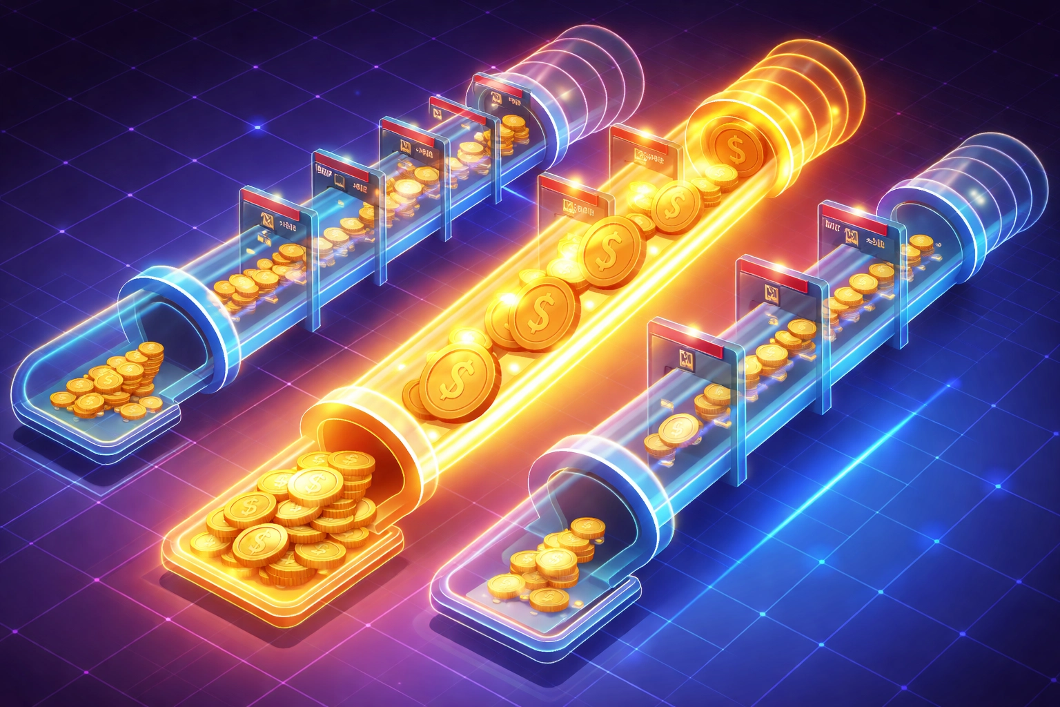 Three payment pipelines comparing fee savings, showing Larecoin's efficient crypto processing versus competitors.