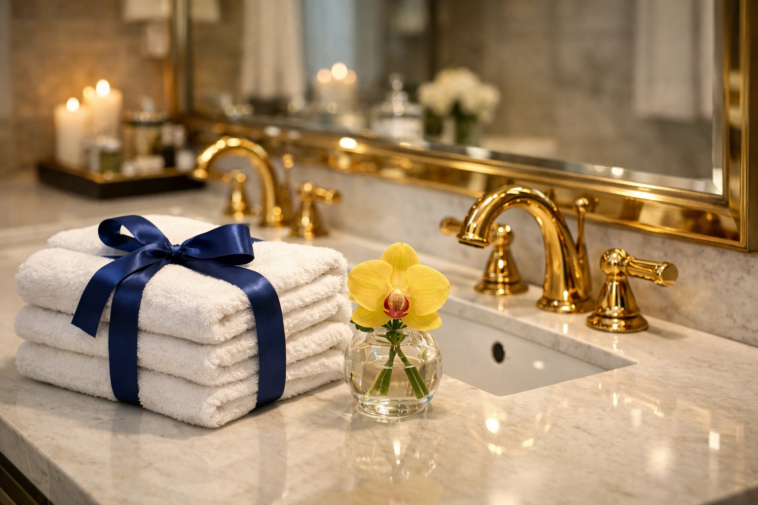 Meticulous residential cleaning Massachusetts results in a luxury bathroom with polished gold fixtures and quartz.