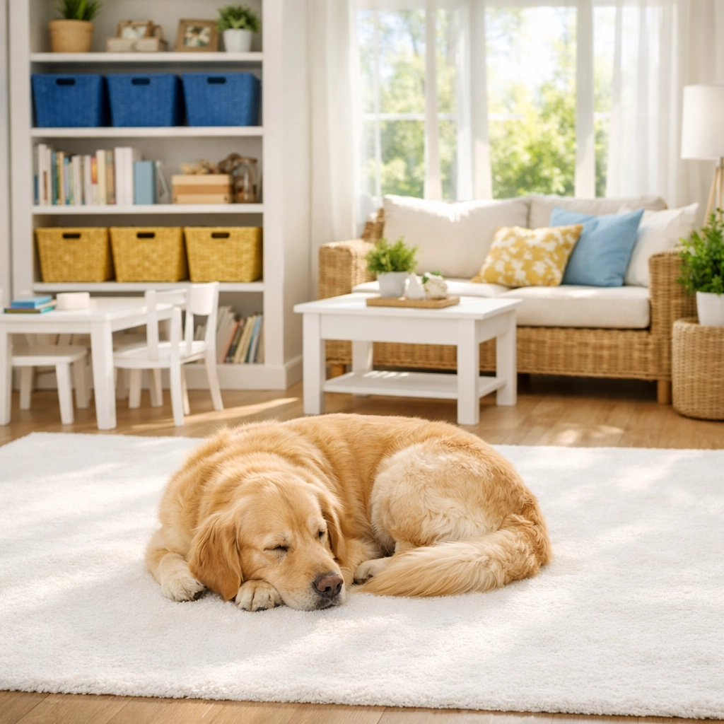 A dog on a clean rug in a pet-friendly home maintained by regular bi-weekly house cleaning in Holliston.