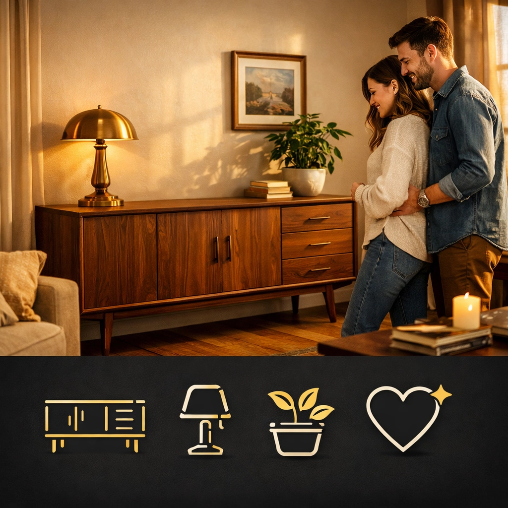 Millennials admiring mid-century modern credenza at Columbus estate auction preview