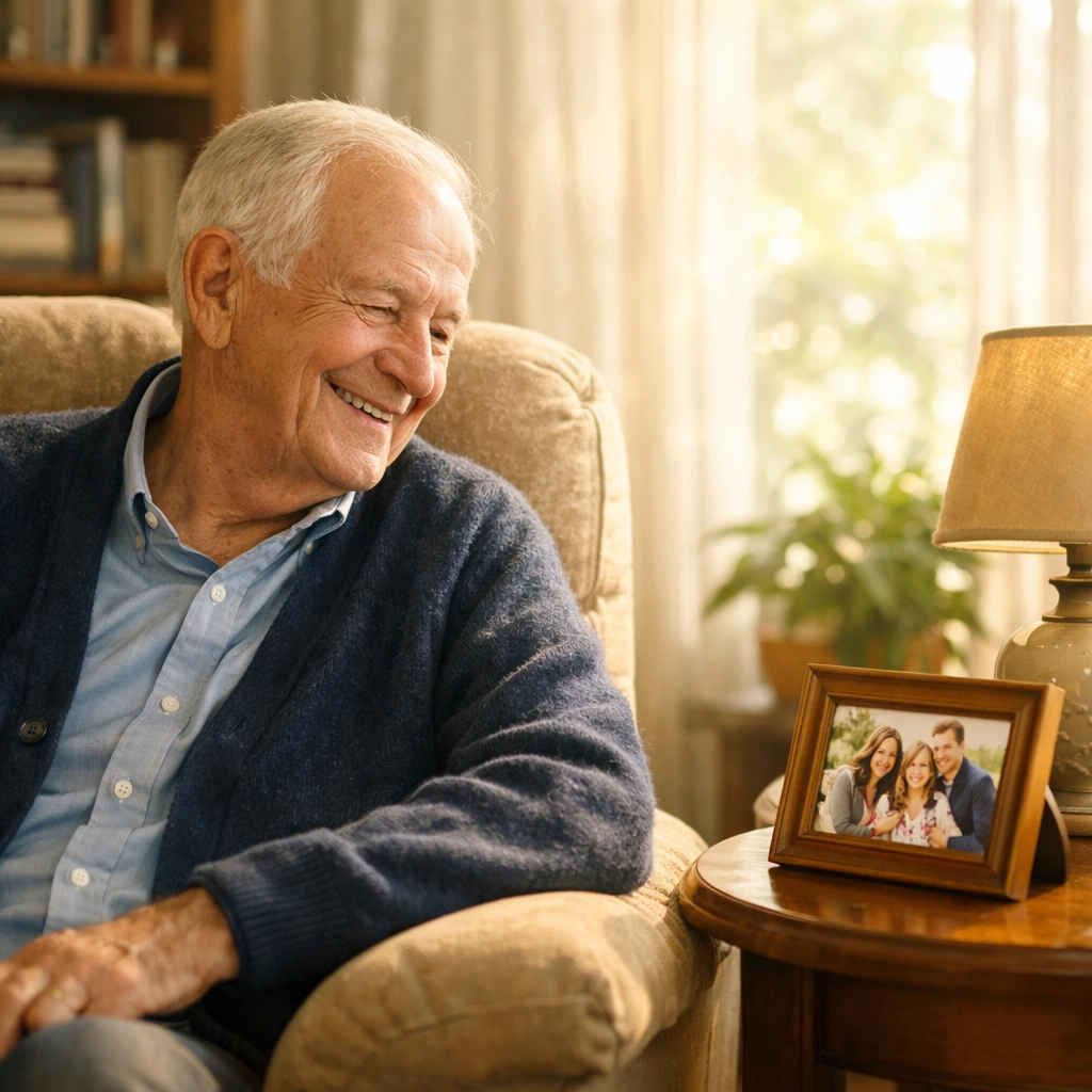 Senior man smiling in a sunlit living room, exploring what is a reverse mortgage for seniors to retire comfortably.